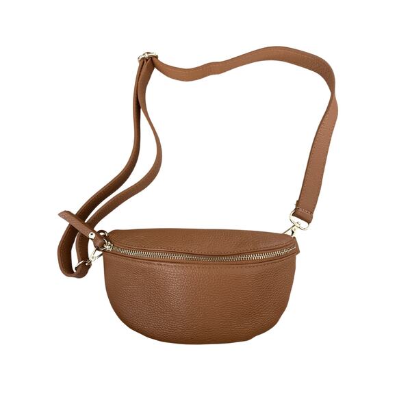 RV Italy Leather Crossbody Bag Tan Half Moon Minimalist - Picture 1 of 6